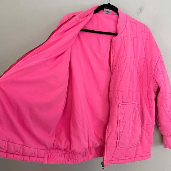 Scamp&Dude S/M Neon Pink Lightning Bolt Oversized Quilted Bomber Jacket Organic - Picture 10 of 16